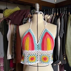 Cider Crochet Halter Crop Top M Multicolor Granny Square Floral Festival